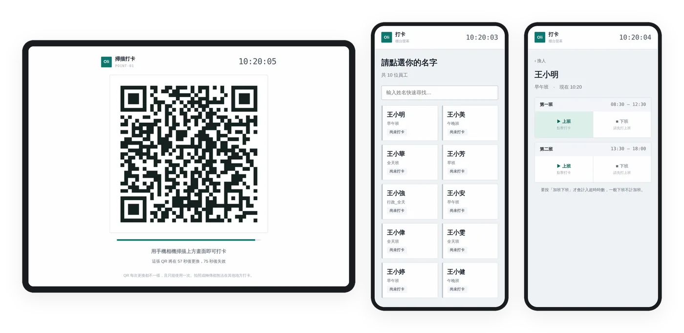 櫃台平板顯示打卡 QR，員工用手機掃描打卡